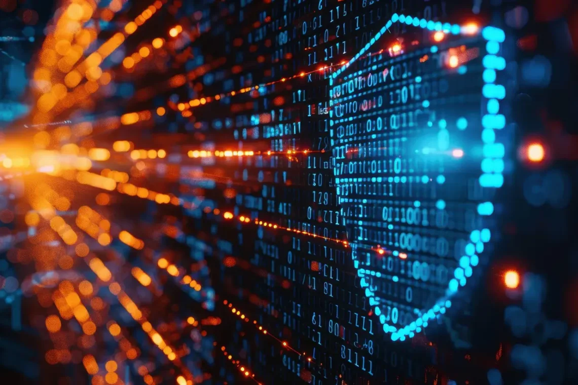 Digital shield icon on a computer screen symbolizing internet security and protection